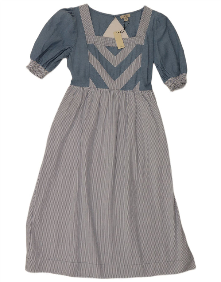 Vestido maxi feminino Oasis UK 12 algodão listrado azul médio