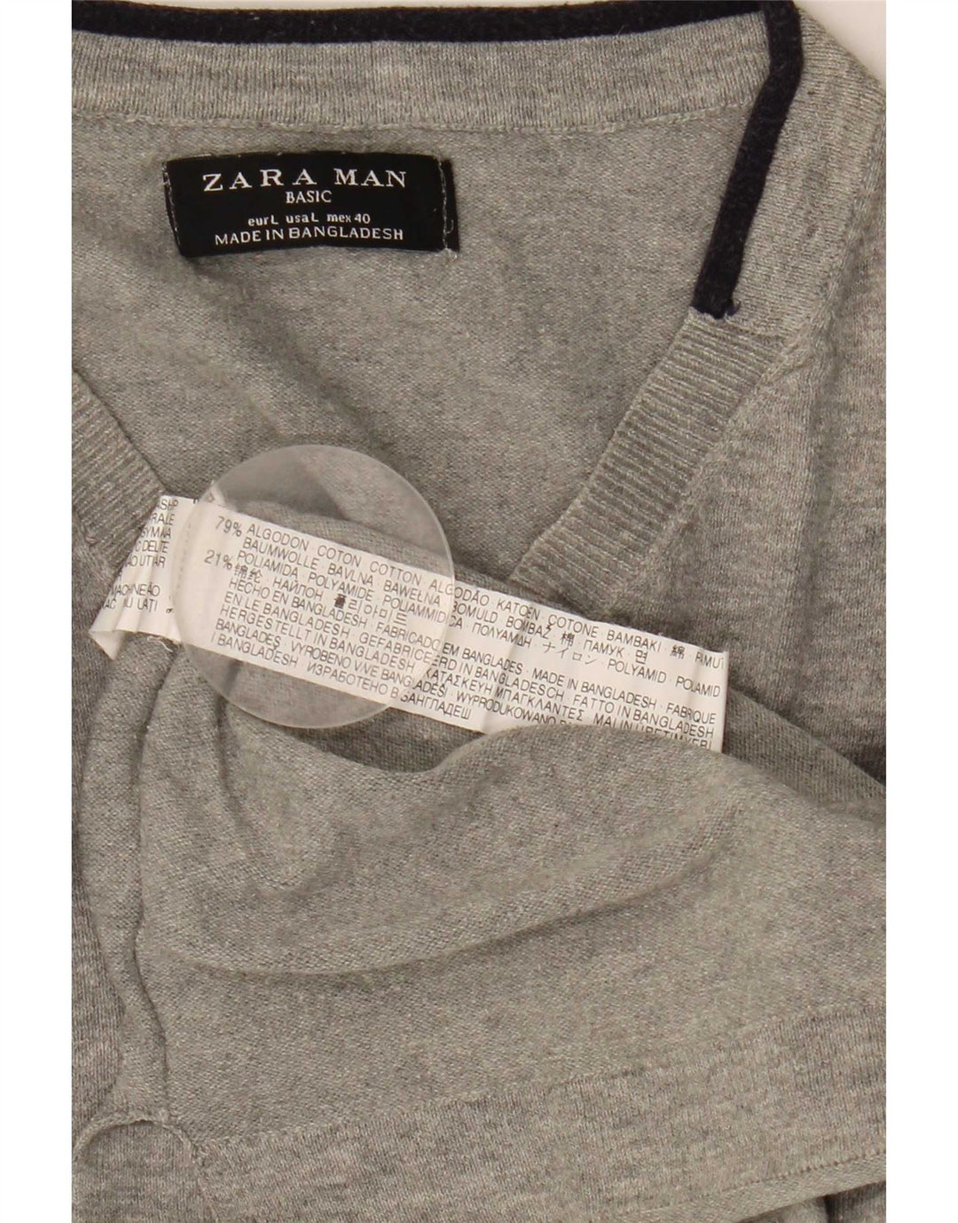 Suéter masculino Zara com decote em V grande algodão cinza