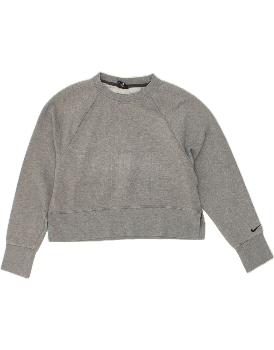 NIKE Womens Oversized Crop Graphic Sweatshirt Jumper UK 6 XS Grey Cotton Vintage Nike and Second-Hand Nike from Messina Hembry 