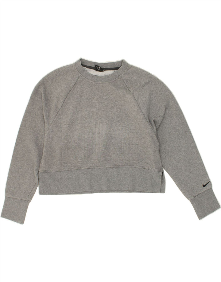 NIKE Womens Oversized Crop Graphic Sweatshirt Jumper UK 6 XS Grey Cotton Vintage Nike and Second-Hand Nike from Messina Hembry 