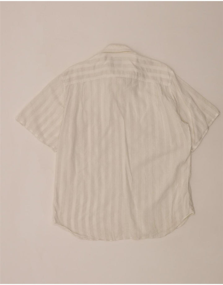 Camisa masculina de manga curta Trussardi tamanho 40 15 3/4 médio off white listrado