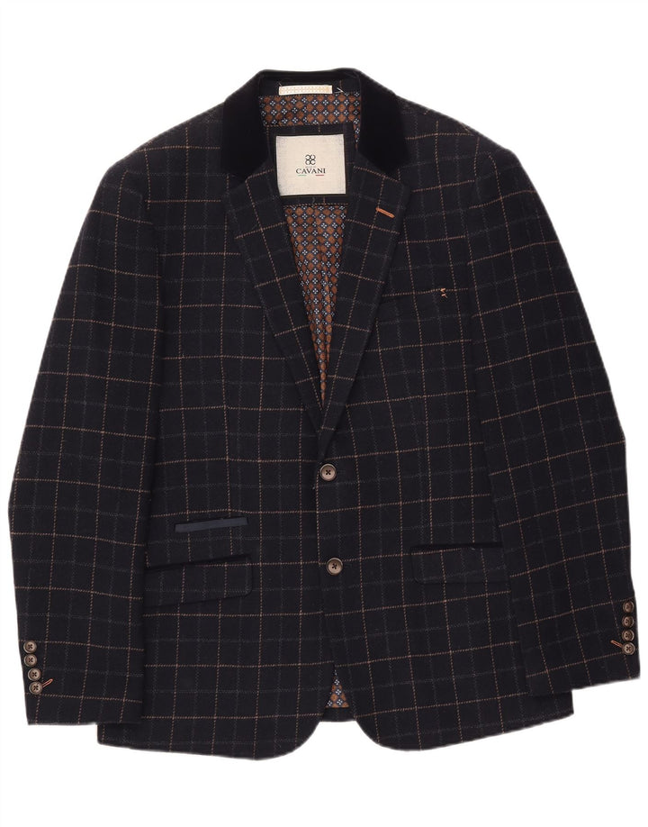 Terno masculino Cavani com 2 botões e 2 peças Reino Unido 40 grande W38 L32 azul marinho xadrez