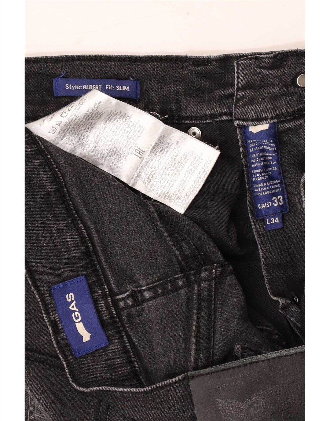 Gas Mens Distressed Slim Jeans W33 L34 Algodão Preto
