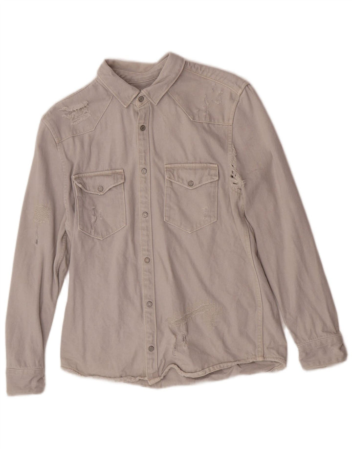 Camisa jeans masculina Zara Distressed Relaxed Fit algodão cinza médio