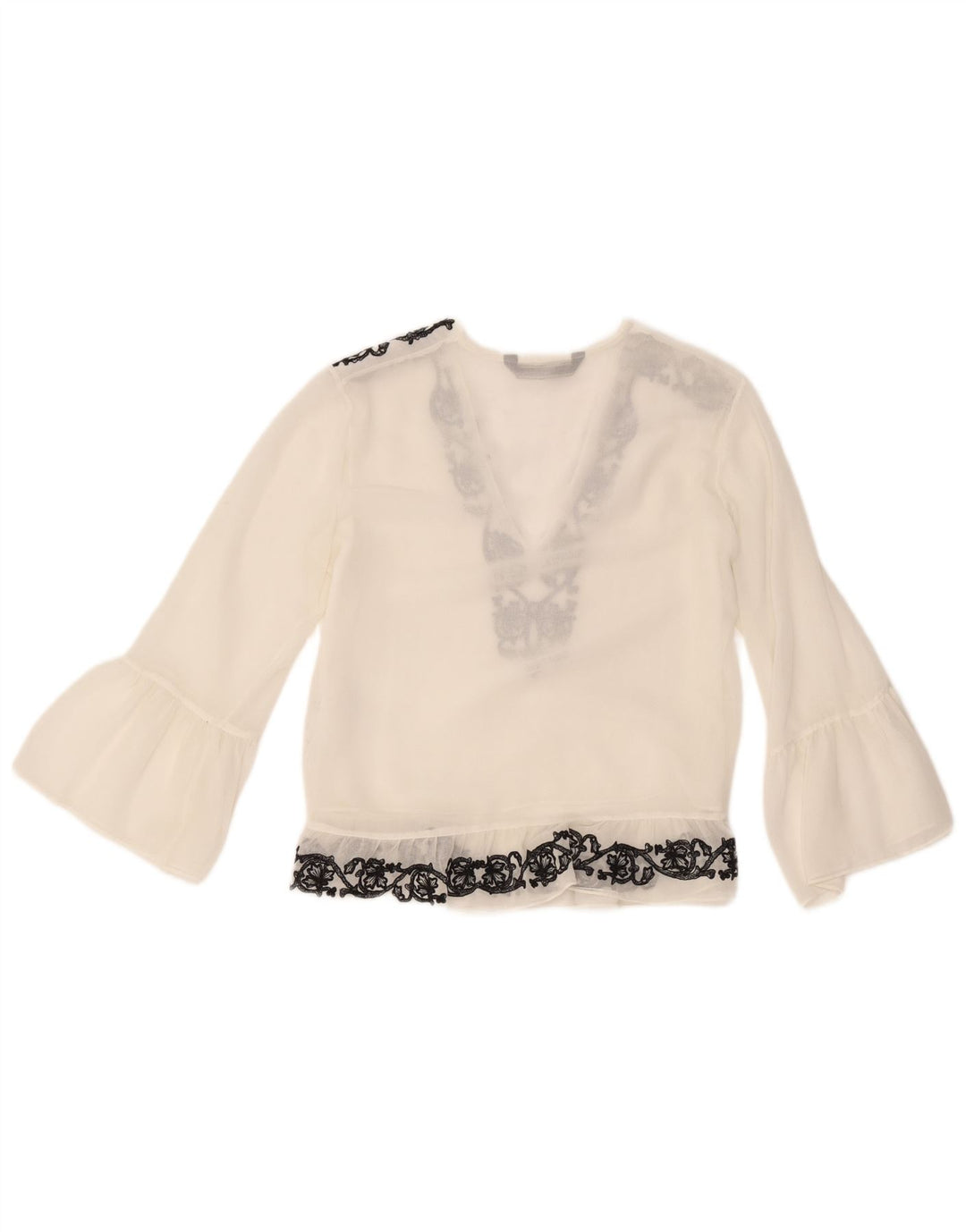 Blusa feminina de manga comprida Zara UK 10 pequena floral branca de poliéster
