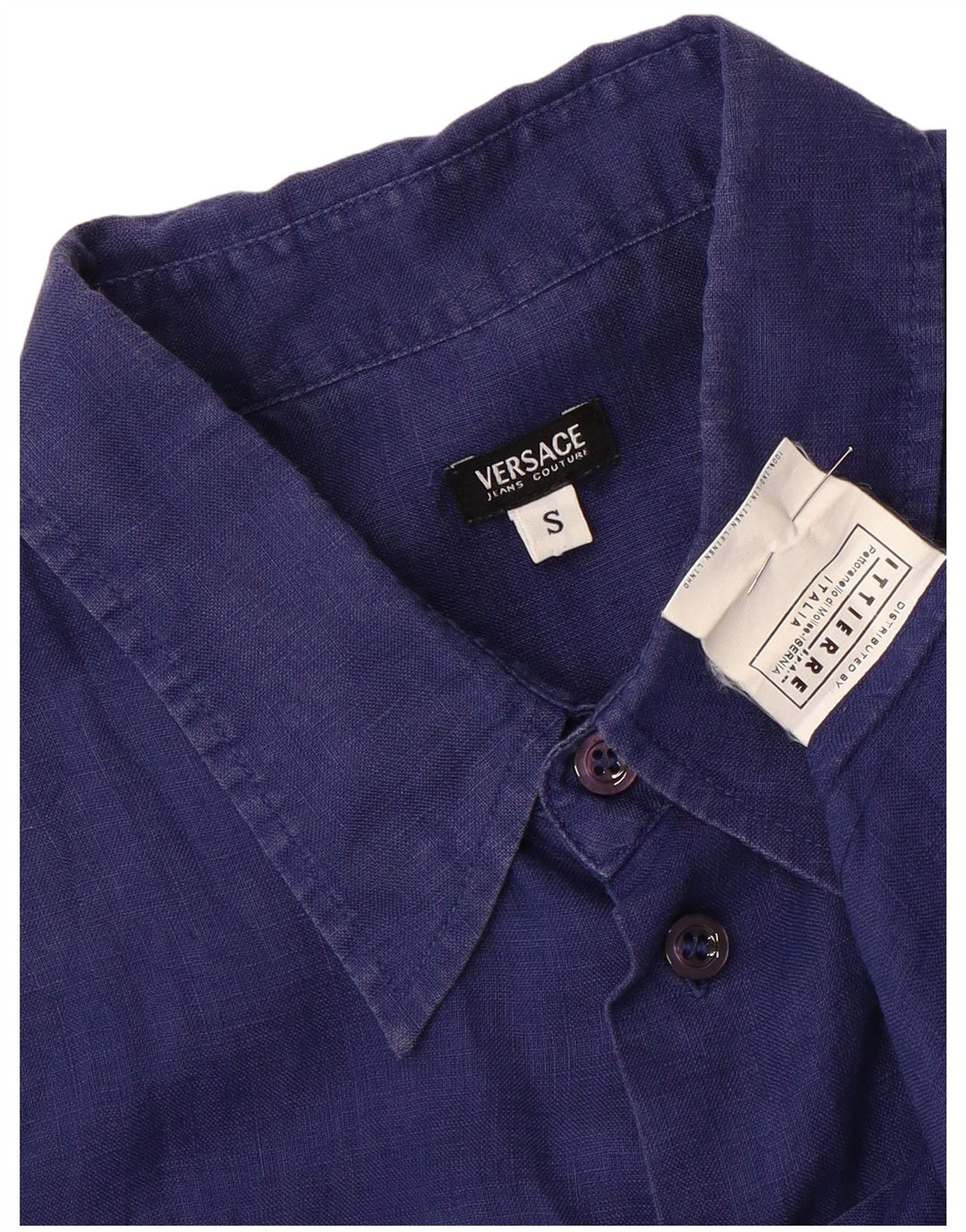 Versace Camisa masculina de manga curta pequena linho azul marinho