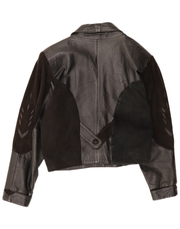 Jaqueta de couro feminina vintage UK 14 patchwork preto médio