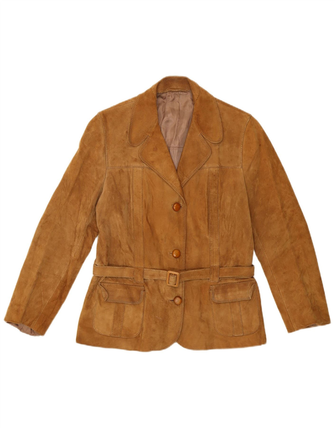 Jaqueta blazer feminina vintage de camurça com 3 botões Reino Unido 8 pequena camurça bege