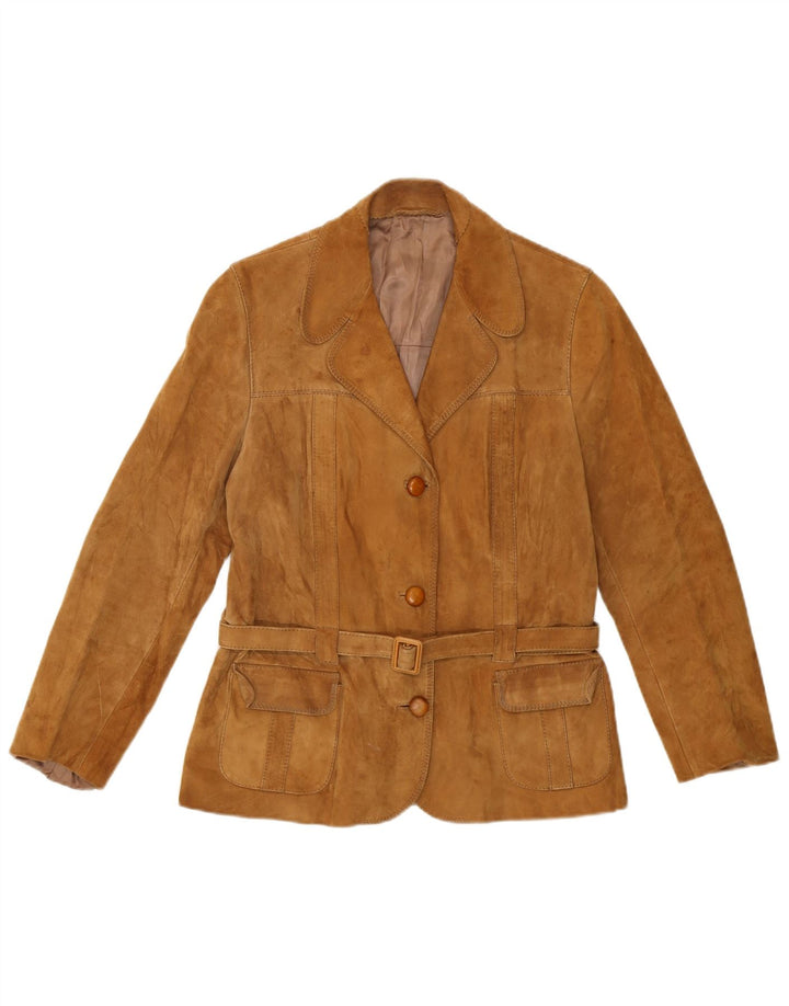 Jaqueta blazer feminina vintage de camurça com 3 botões Reino Unido 8 pequena camurça bege