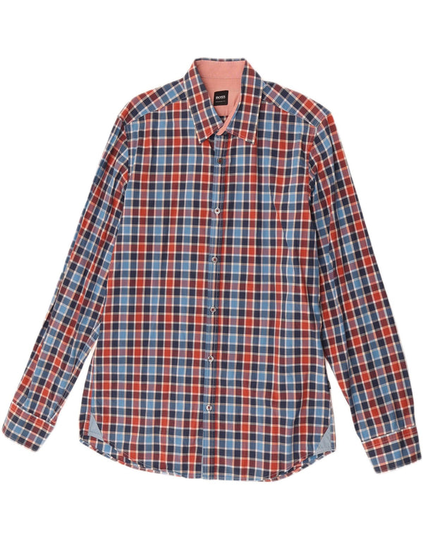 Camisa masculina Hugo Boss Regular Fit algodão xadrez azul médio