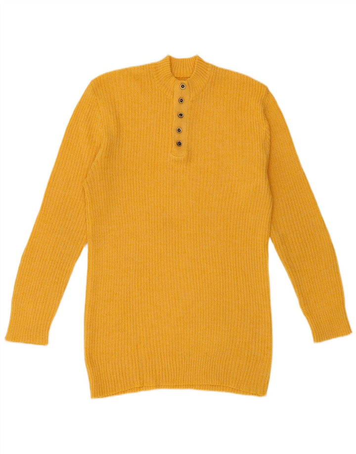 Suéter vintage masculino com gola com botão pequeno amarelo