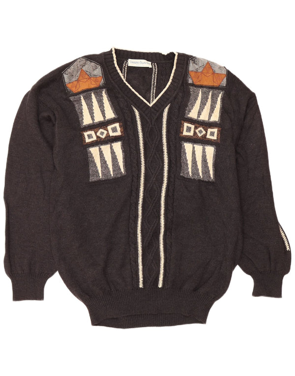 UMBERTO BILANCIONI Suéter masculino com decote em V 2XL lã geométrica cinza