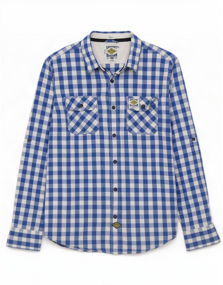 Camisa masculina Superdry grande algodão guingão azul