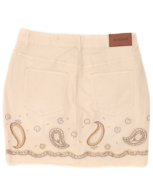 Mini saia jeans feminina Desigual W30 médio off white algodão paisley