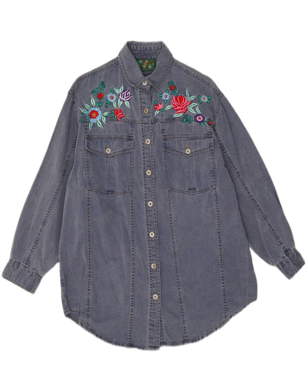 Camisa jeans feminina vintage estampada de manga comprida Reino Unido 14 grande azul marinho floral