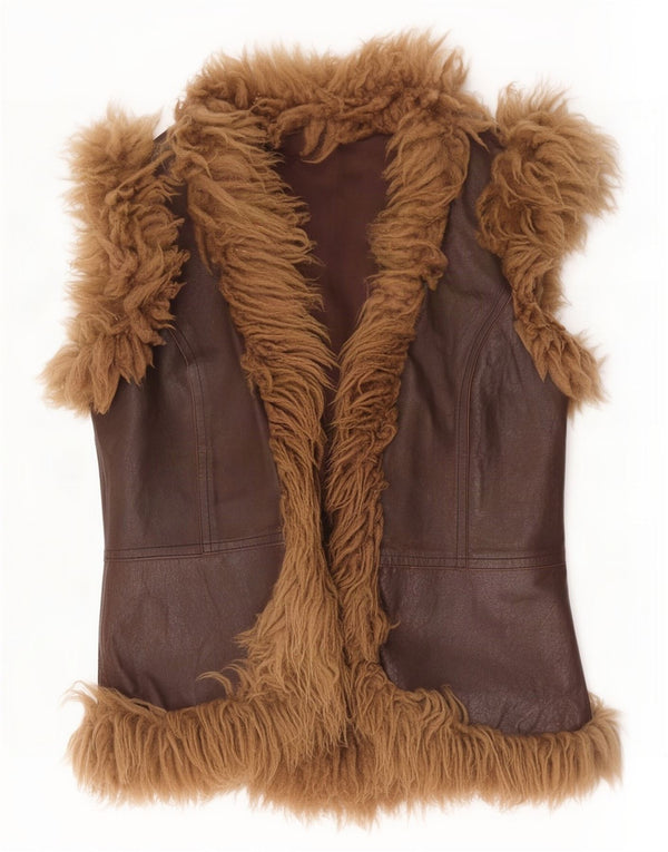 Colete feminino vintage de couro sherpa IT 46 grande bloco colorido marrom