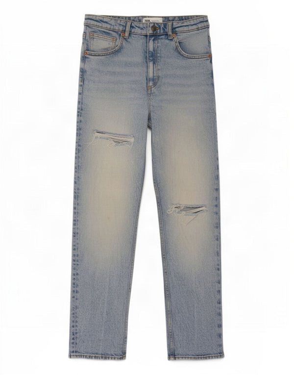 Zara Calça jeans feminina cintura alta desgastada EU 38 pequena W28 L27 azul