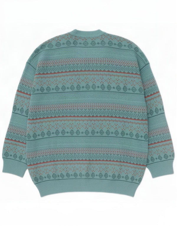 Suéter cardigã masculino vintage grande geométrico azul