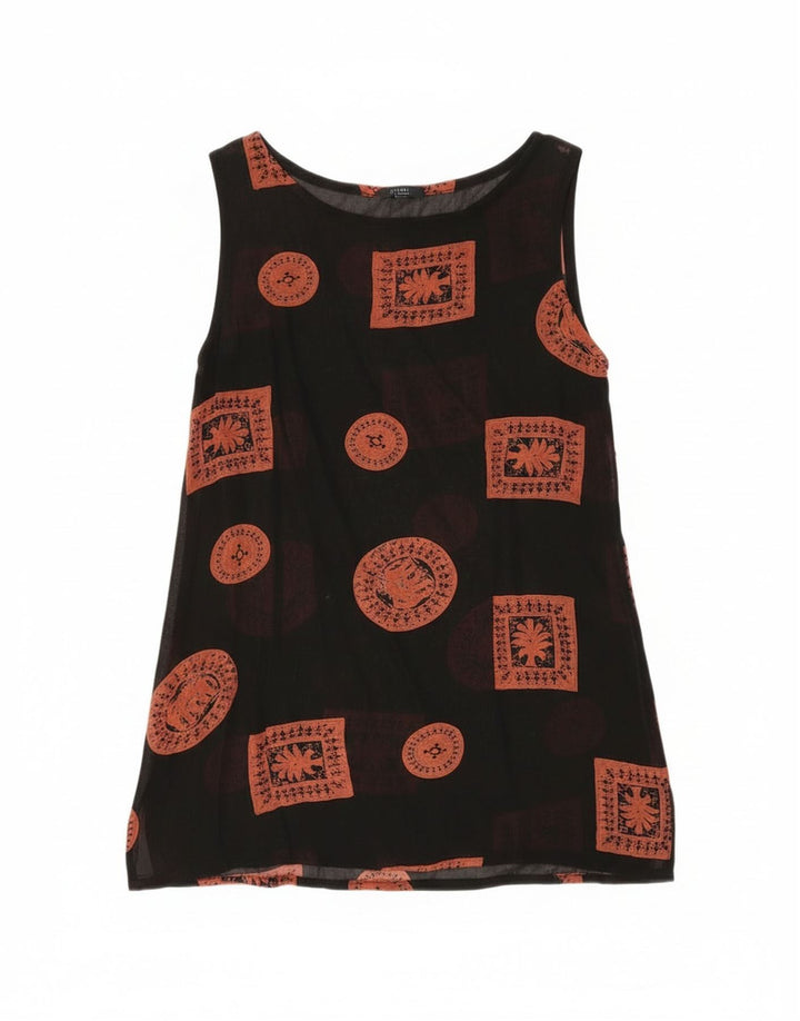 Túnica feminina vintage sem mangas UK 12 patchwork preto médio