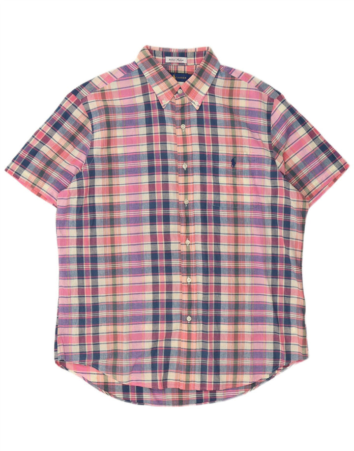 Ralph Lauren Camisa masculina de manga curta grande algodão xadrez multicolorido
