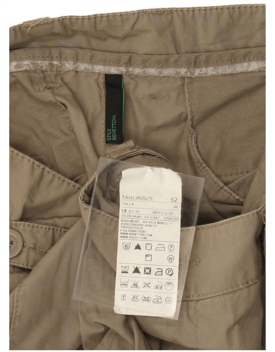 Calça cargo masculina reta BENETTON IT 52 XL W38 L34 algodão cáqui