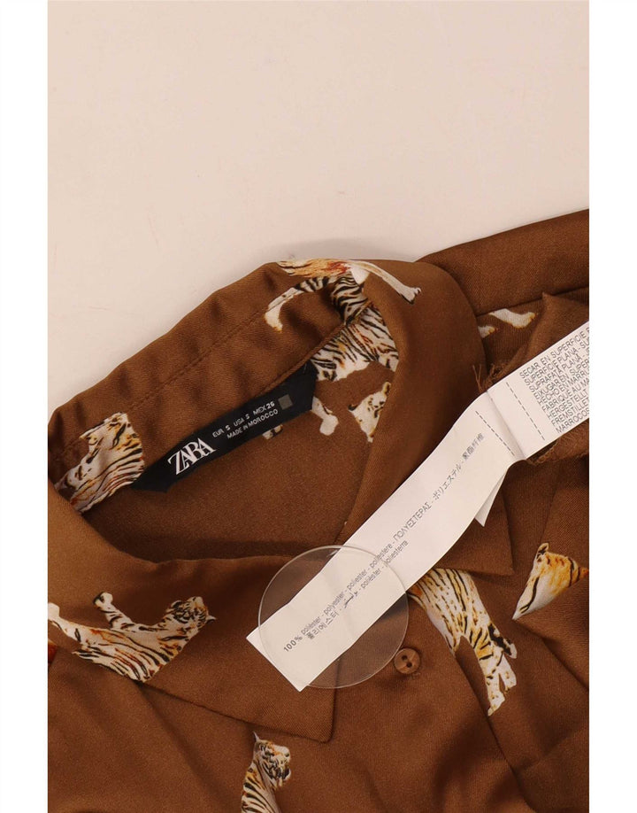 Zara Blusa feminina oversized Reino Unido 10 pequena bege estampa animal poliéster
