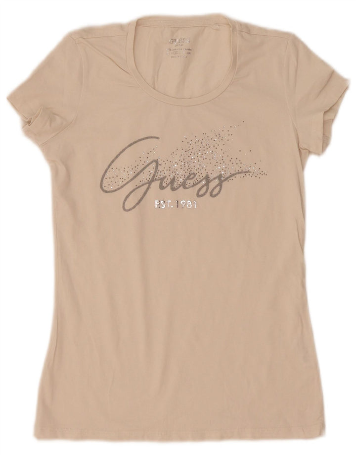 Camiseta feminina Guess com estampa gráfica UK 12 algodão branco médio