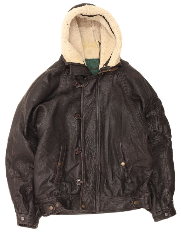 Jaqueta de couro masculina vintage com capuz UK 42 XL preta