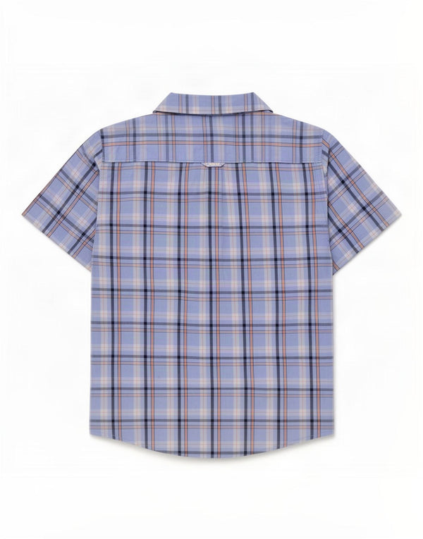 Crew Clothing Mens manga curta Slim Fit camisa pequena azul xadrez algodão