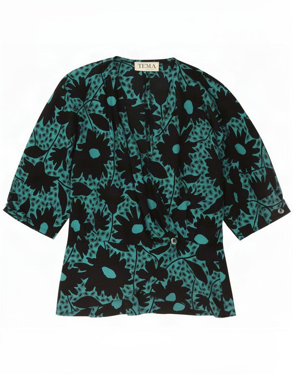 Blusa feminina vintage manga 3/4 top UK 12 verde médio floral