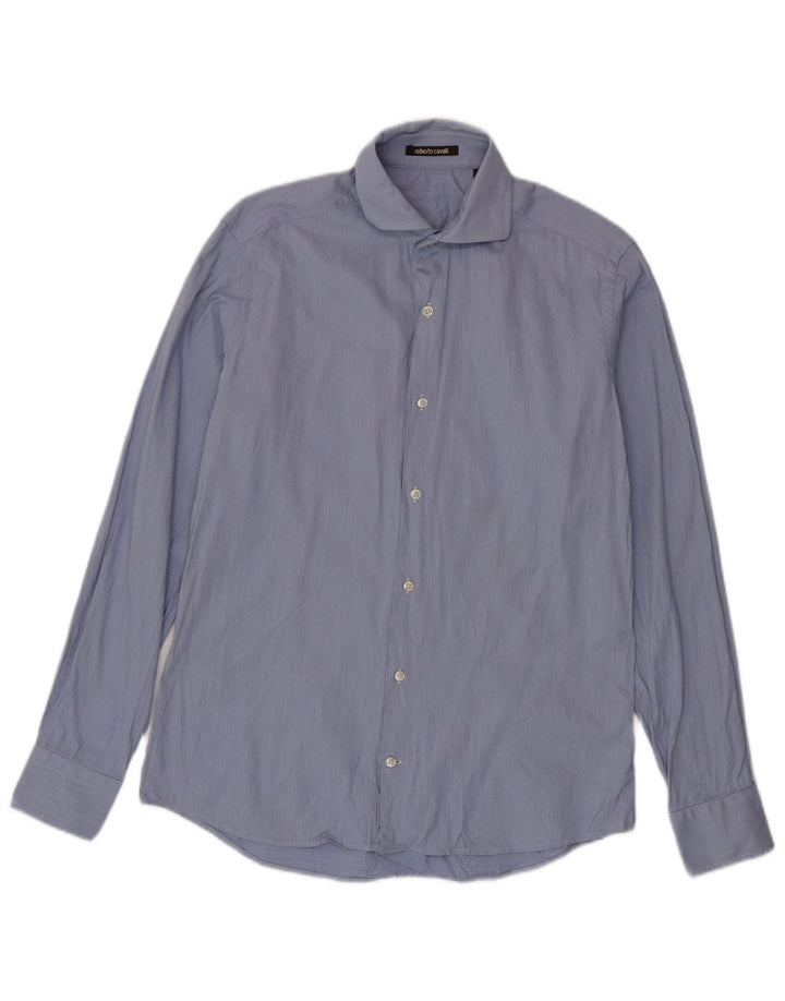 Camisa masculina Roberto Cavalli tamanho 39 risca de giz azul médio