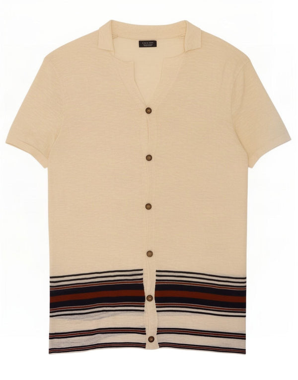 Zara Mens Short Sleeve Shirt Large Beige Striped Cotton