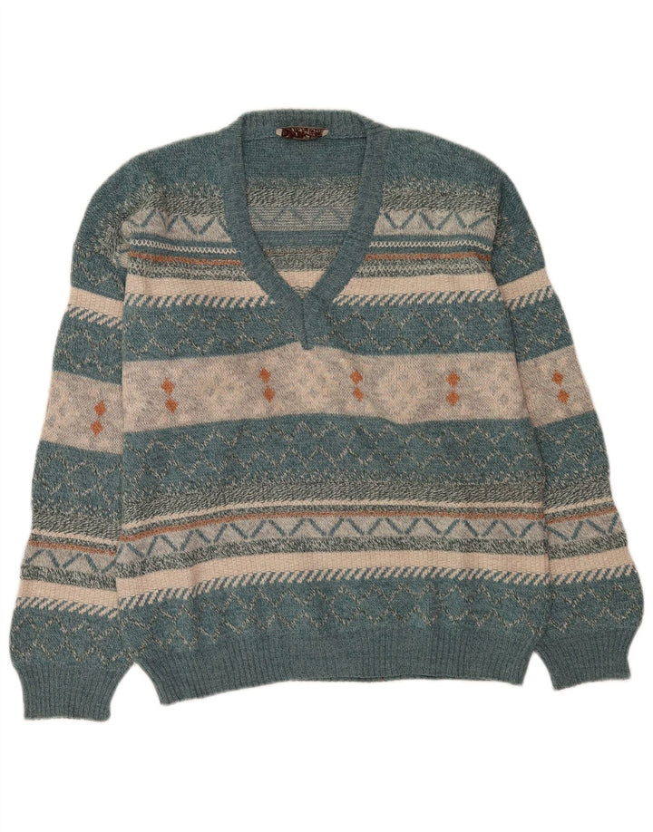 Suéter masculino vintage com decote em V grande lã azul Fair Isle