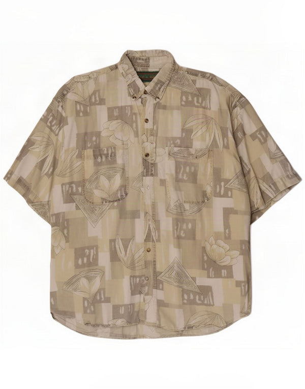 Vintage Mens Short Sleeve Shirt XL Beige Floral Cotton