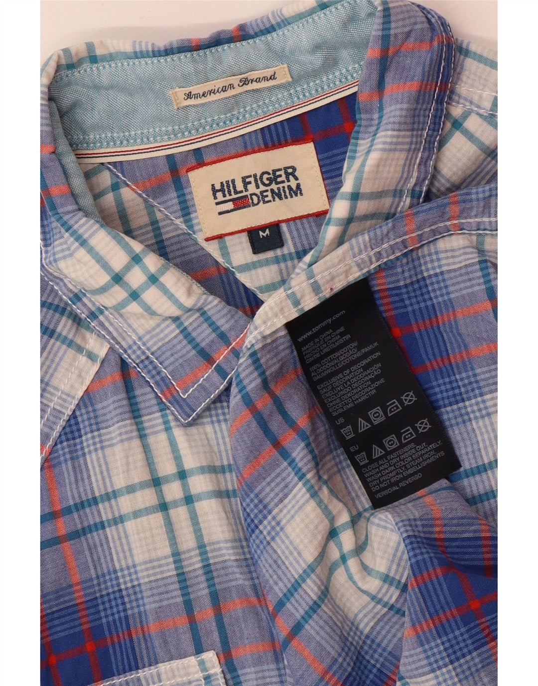 Camisa masculina Tommy Hilfiger de manga curta gráfica azul médio algodão xadrez