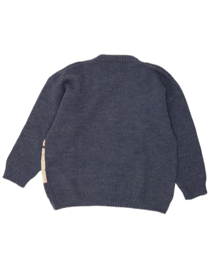 Suéter vintage masculino com gola redonda e lã grande azul marinho
