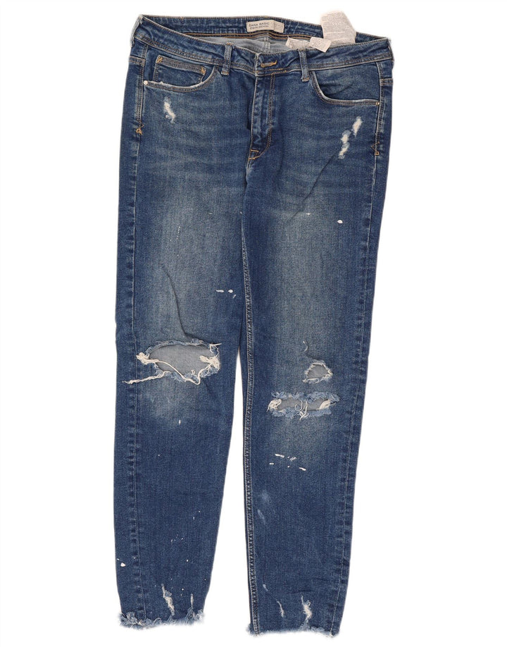 Zara Jeans feminino slim desgastado UE 42 grande W32 L27 algodão azul