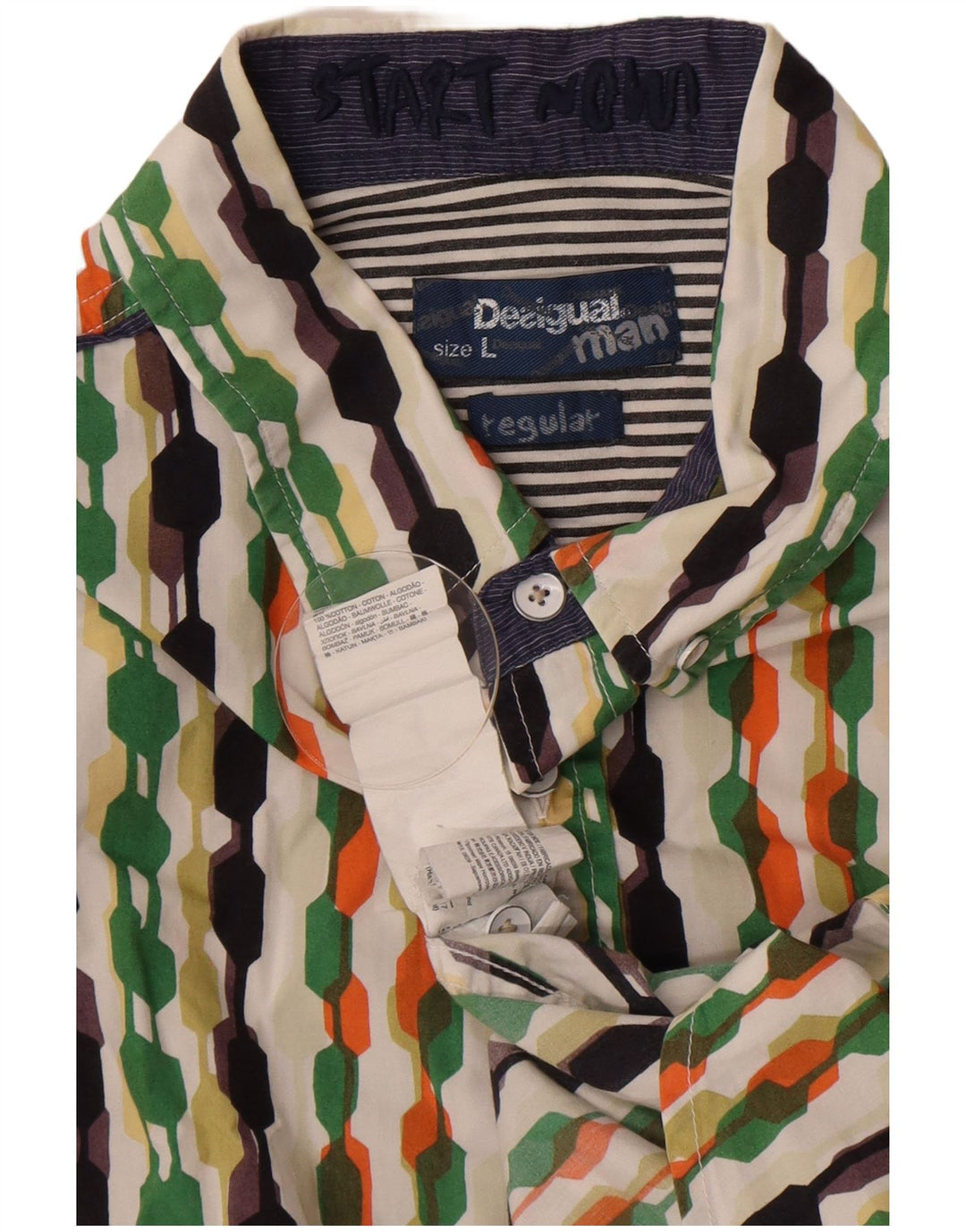 Camisa masculina Desigual manga curta regular fit grande geométrica multicolorida