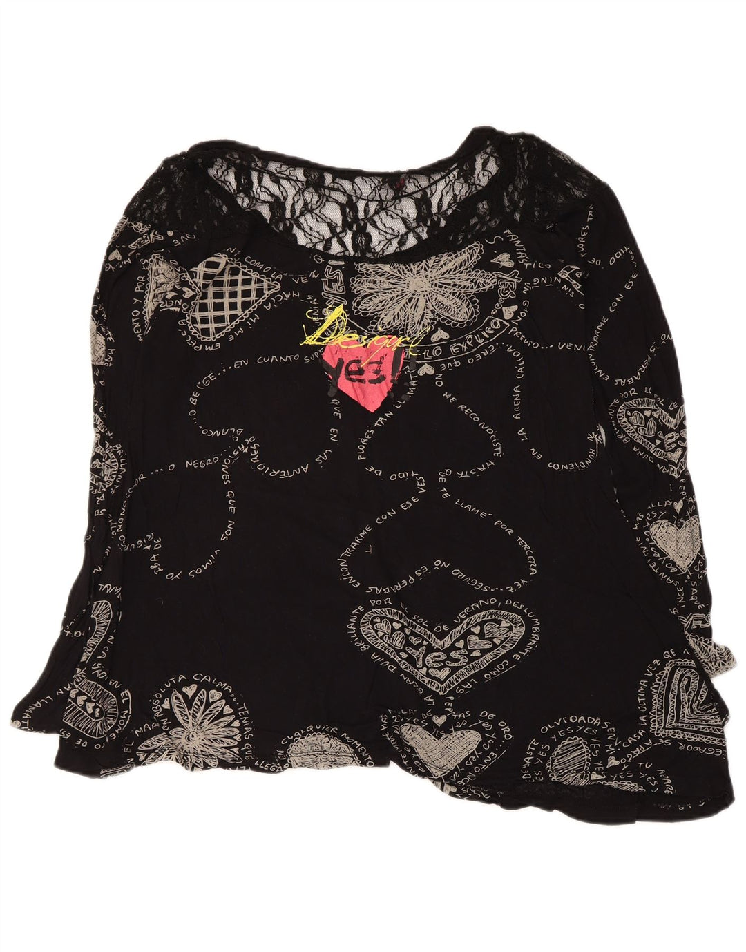 Blusa gráfica feminina Desigual Top UK 12 médio preto geométrico coração