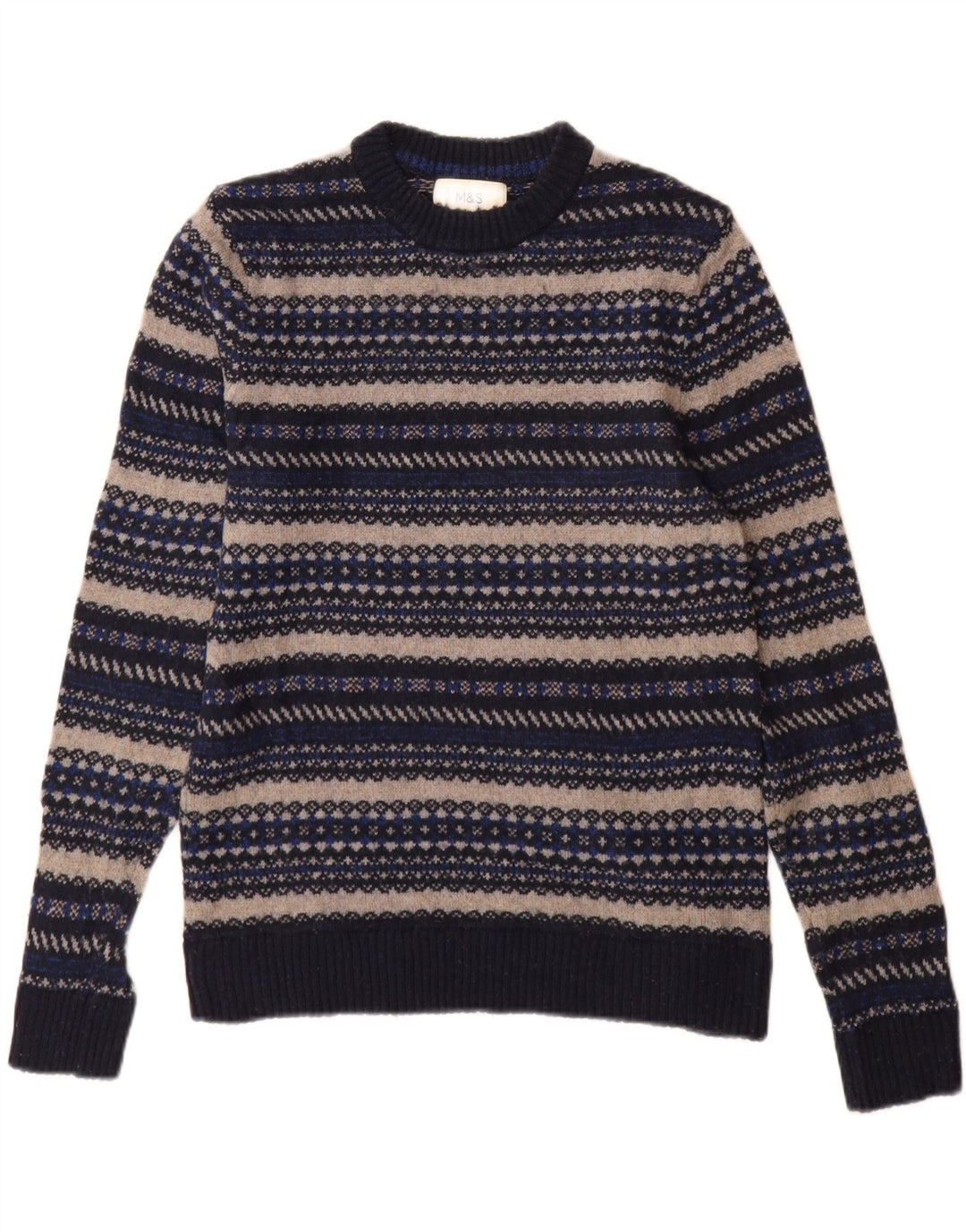 Suéter masculino Marks & Spencer com gola redonda, pequeno listrado azul marinho
