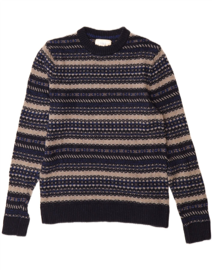 Suéter masculino Marks & Spencer com gola redonda, pequeno listrado azul marinho