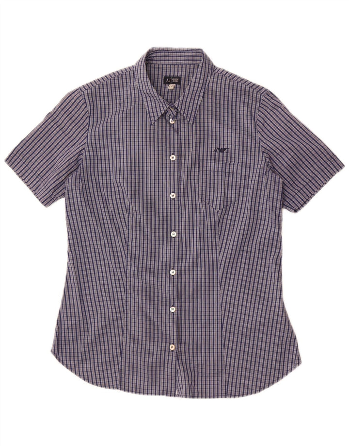 Camisa feminina Armani Jeans de manga curta US 8 médio azul marinho xadrez algodão