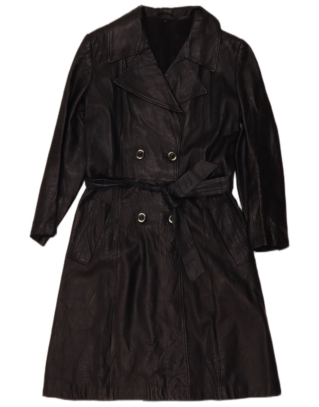 Casaco de couro vintage feminino com peito duplo UK 4 XS preto