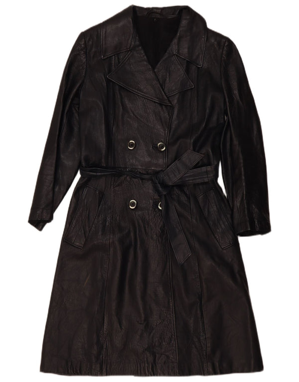 Casaco de couro vintage feminino com peito duplo UK 4 XS preto