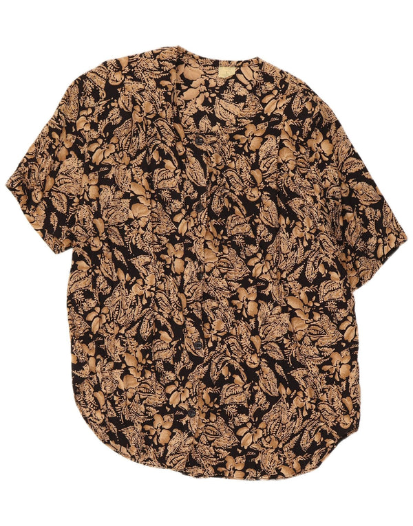 Blusa feminina vintage de manga curta UK 16 grande viscose floral preta
