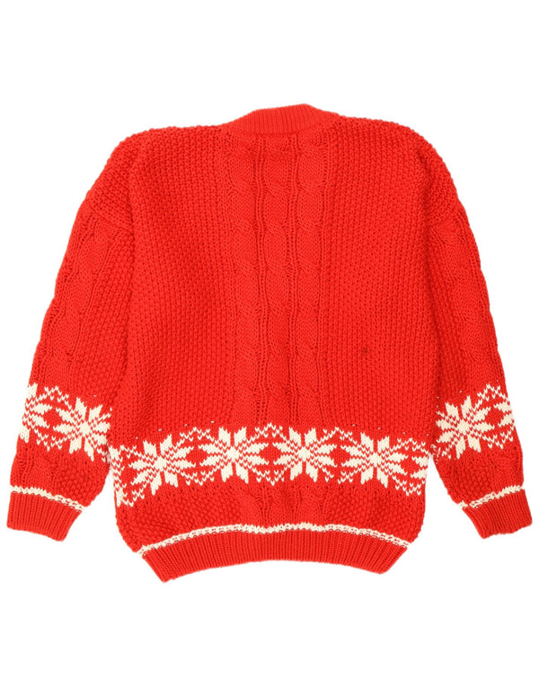 Suéter cardigã feminino vintage com floco de neve Reino Unido 14 grande Red Fair Isle retrô