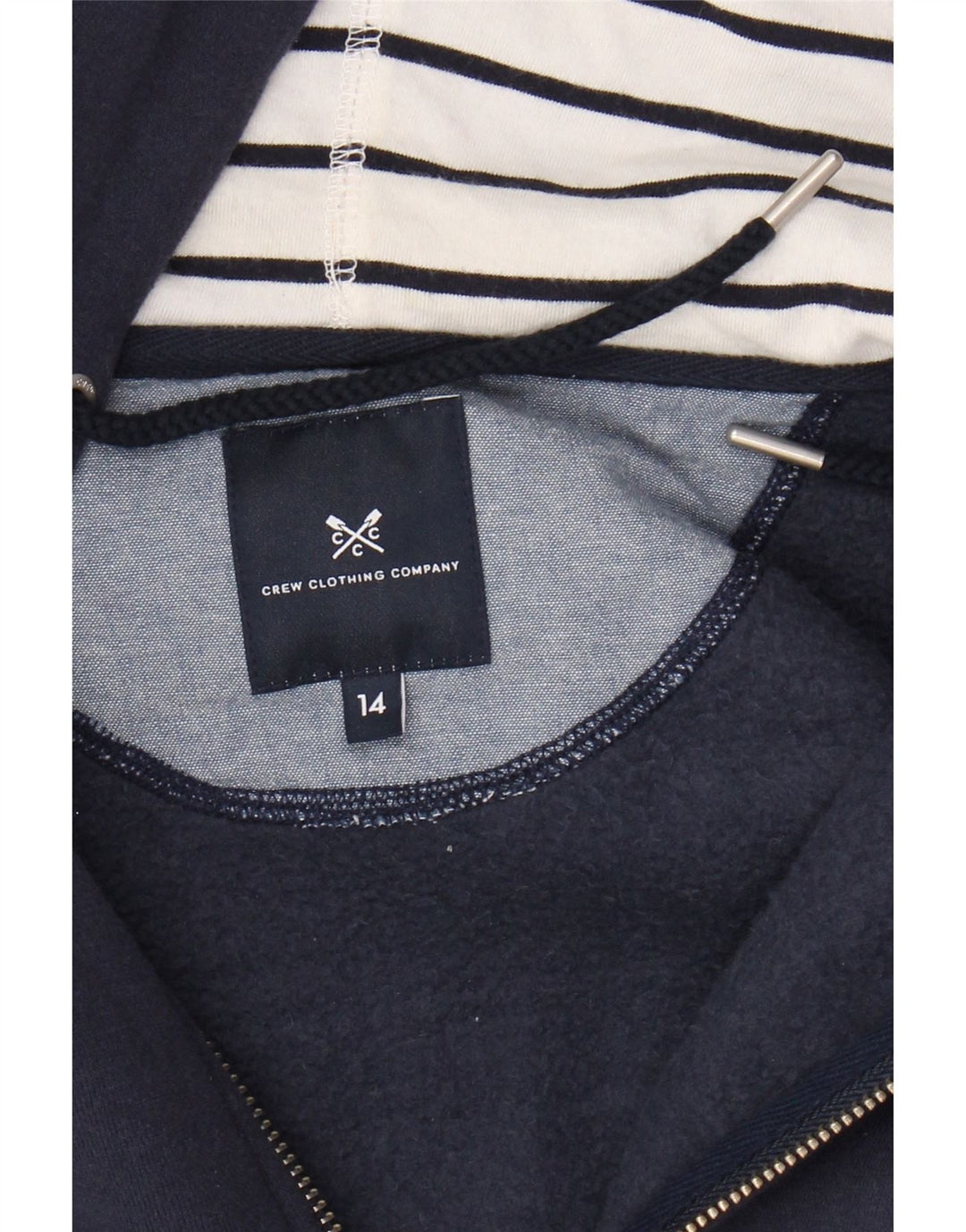 Suéter feminino com capuz e zíper CREW CLOTHING Reino Unido 14 algodão azul marinho médio