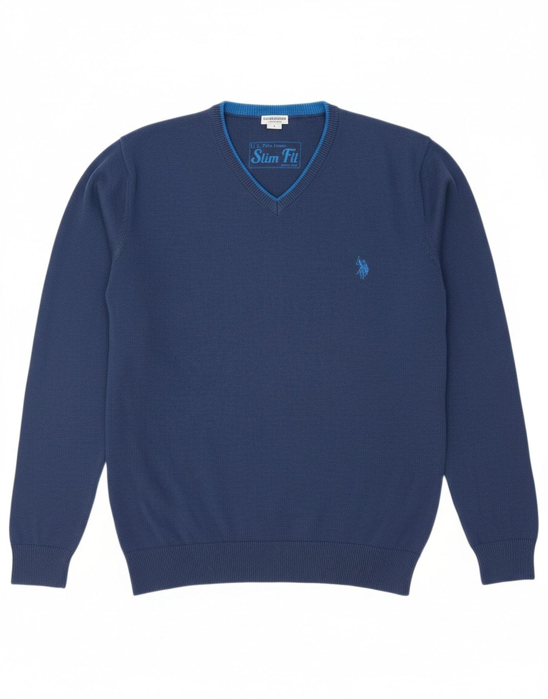 ASSN POLO DOS EUA. Suéter masculino slim fit com decote em V grande algodão azul