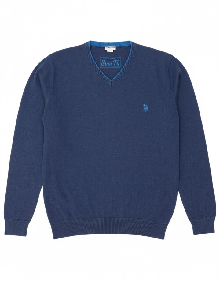 ASSN POLO DOS EUA. Suéter masculino slim fit com decote em V grande algodão azul