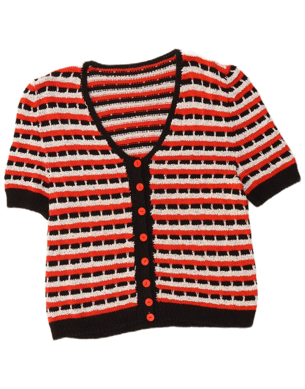Suéter cardigã feminino vintage UK 14 médio listrado multicolorido